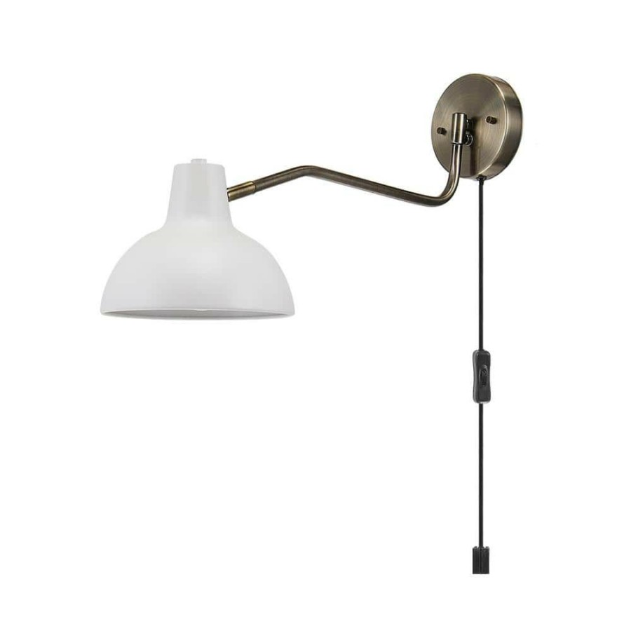 Lamps * | Elon 1-Light Matte White And Antique Brass Plug-In Or Hardwire Wall Sconce Led Bulb Included By Globe Electric