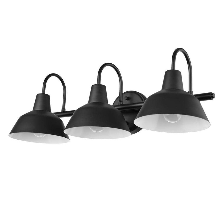 Vanity Lighting * | Barnyard 24 In. 3-Light Matte Black Vanity Light With White Interior Shades By Globe Electric