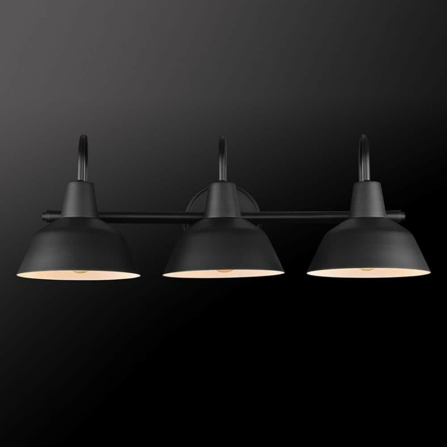 Vanity Lighting * | Barnyard 24 In. 3-Light Matte Black Vanity Light With White Interior Shades By Globe Electric