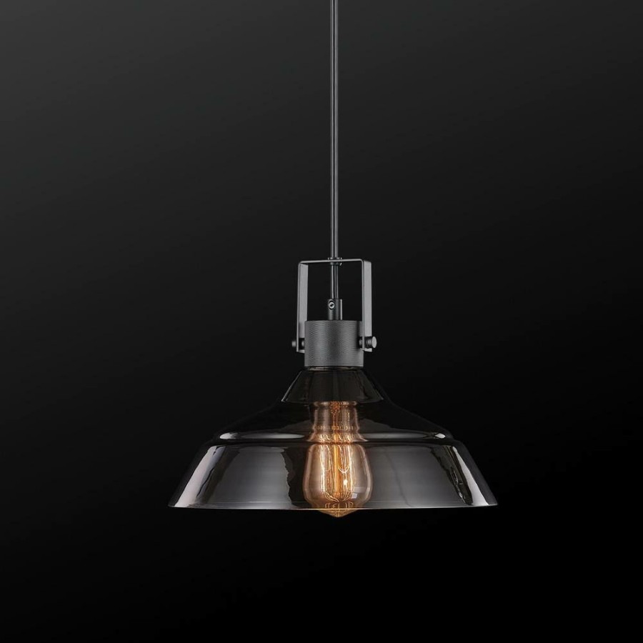 Pendant Lights * | Sutton 1-Light Matte Black Pendant With Smoke Glass Shade By Globe Electric