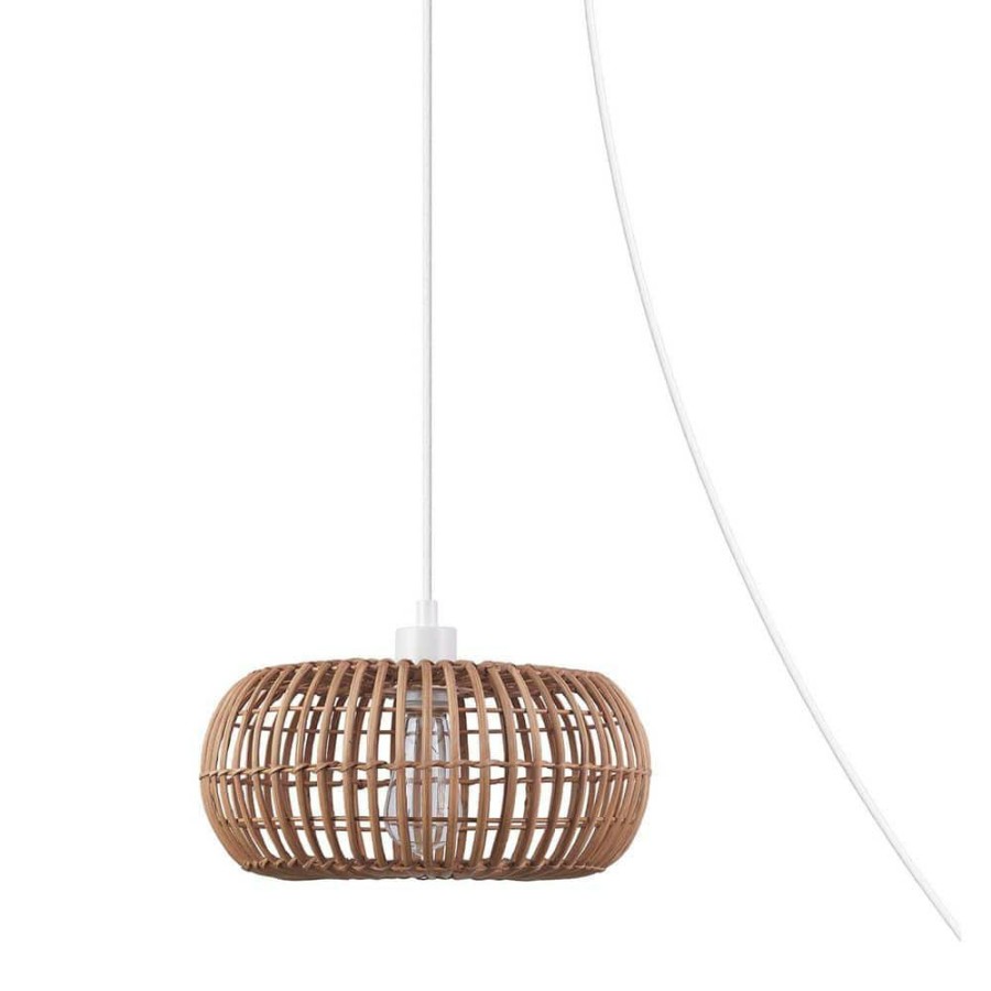 Pendant Lights * | 1-Light White Plug-In Or Hardwired Shaded Pendant Lighting With Rattan Shade By Globe Electric