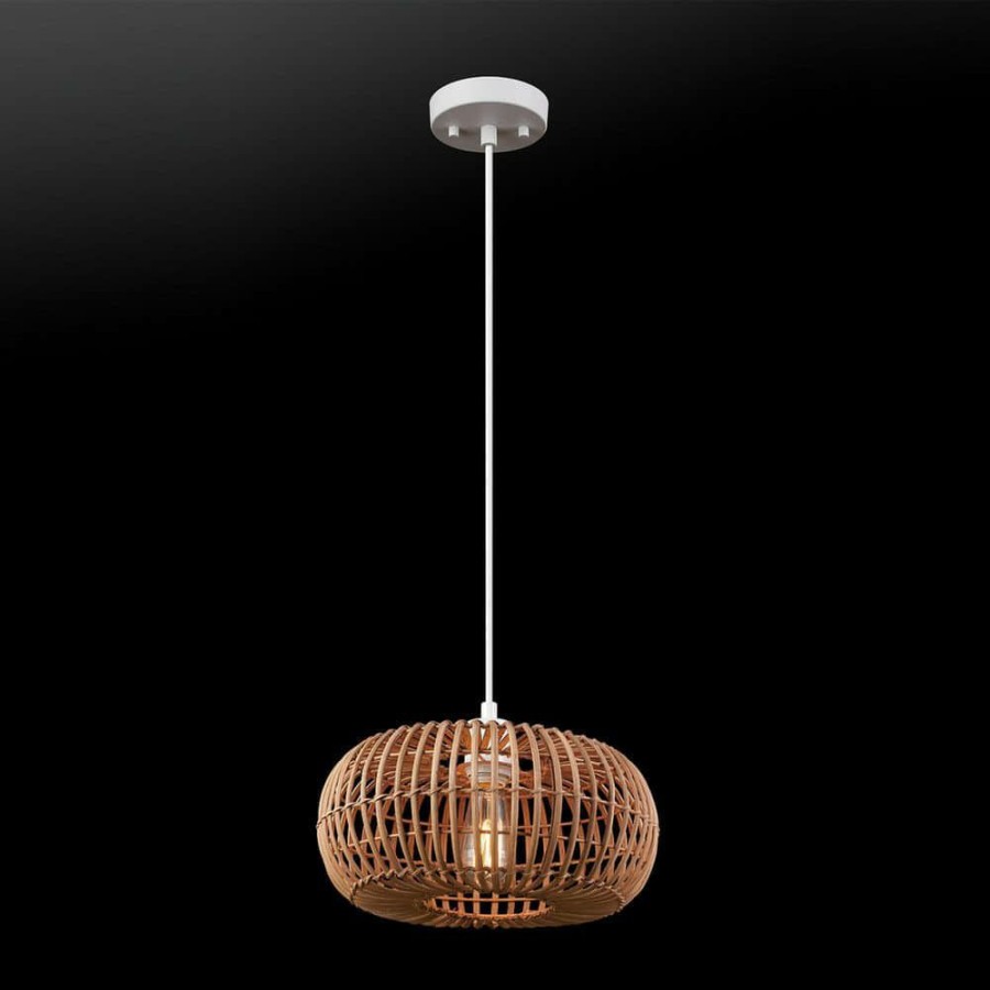 Pendant Lights * | 1-Light White Plug-In Or Hardwired Shaded Pendant Lighting With Rattan Shade By Globe Electric