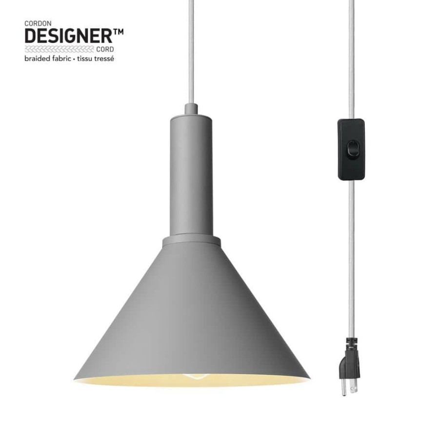 Pendant Lights * | 1-Light Soft Matte Gray Plug-In Pendant With Designer Gray Fabric Cord, Vintage Led Bulb Included By Globe Electric