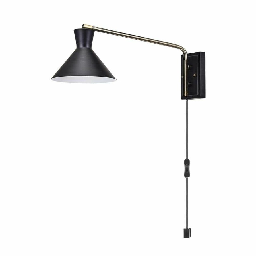 Wall Sconces * | Waldwick 1-Light Matte Black Plug-In Or Hardwire Wall Sconce With Antique Brass Accent And Led Bulb Included By Globe Electric