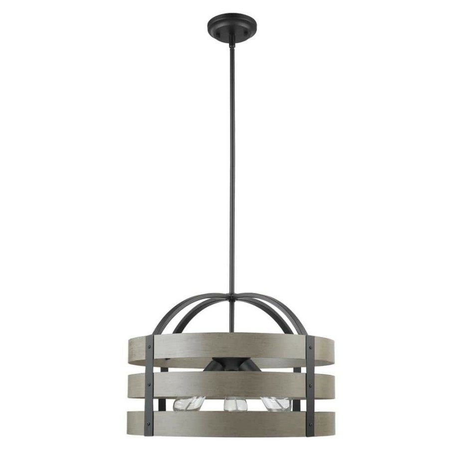 Chandeliers * | Maddox 3-Light Matte Black Chandelier With Faux Wood By Globe Electric