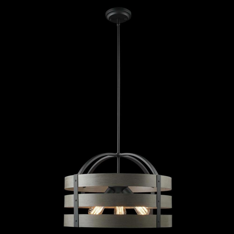 Chandeliers * | Maddox 3-Light Matte Black Chandelier With Faux Wood By Globe Electric