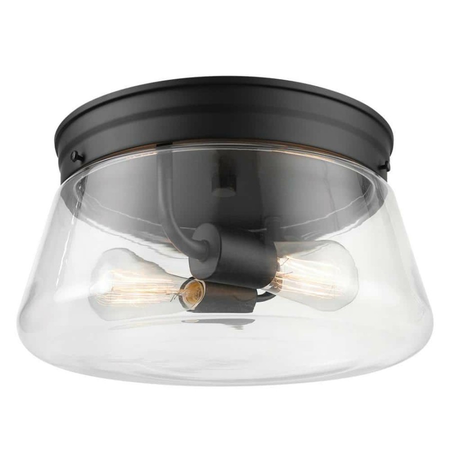 Outdoor Lighting * | Aleyna 2-Light Matte Black Outdoor/Indoor Flush Mount Light With Clear Glass Shade By Globe Electric