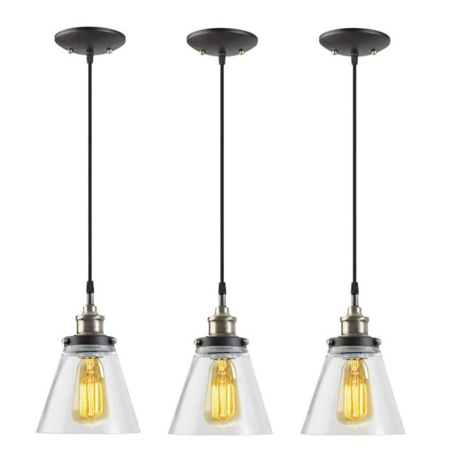 Chandeliers * | Jackson 1-Light Vintage Edison Antique Brass Bronze And Black Hanging Pendant (3-Pack) By Globe Electric