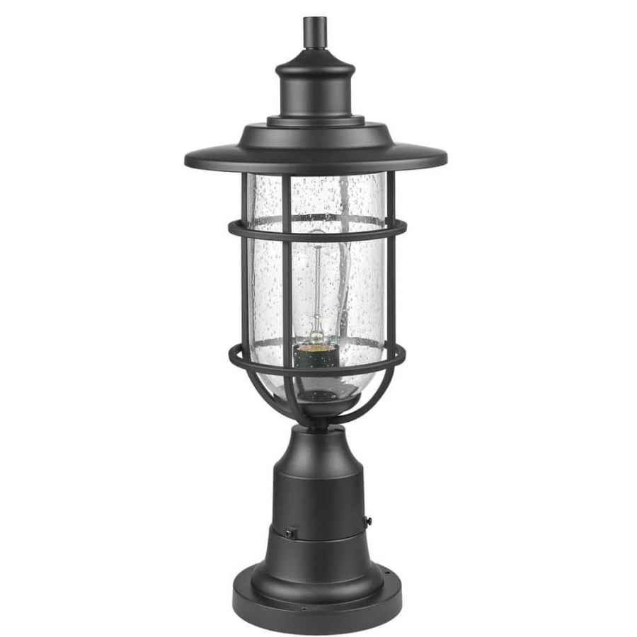 Outdoor Lighting * | Turner 1-Light Black Outdoor Lamp Post With Seeded Glass Shade By Globe Electric