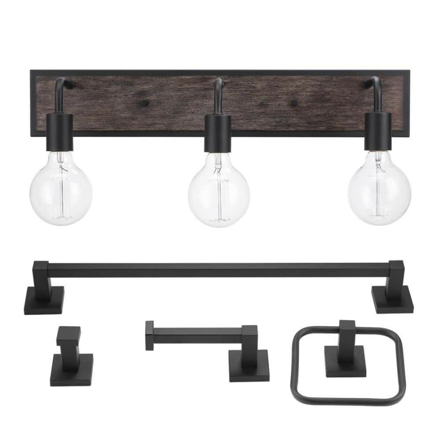 Vanity Lighting * | Auckland 24 In. 3-Light Black Vanity Light With Faux Wood Accent And Bath Set (5-Piece) By Globe Electric