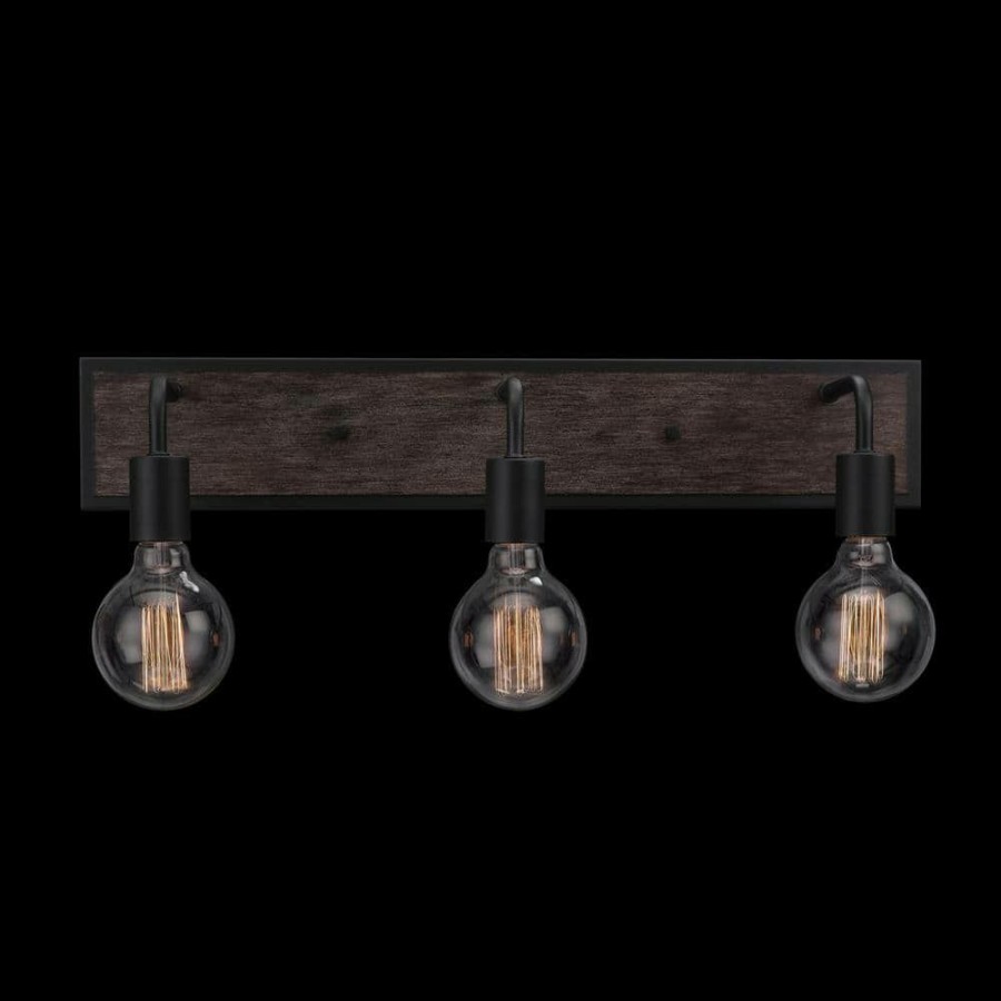 Vanity Lighting * | Auckland 24 In. 3-Light Black Vanity Light With Faux Wood Accent And Bath Set (5-Piece) By Globe Electric