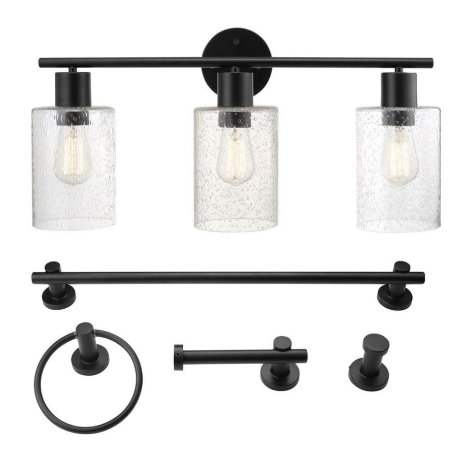 Vanity Lighting * | Bristol 24.5 In. 3-Light Matte Black Vanity Light With Seeded Glass Shades, 4-Piece Bath Set Included By Globe Electric