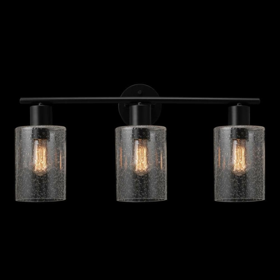 Vanity Lighting * | Bristol 24.5 In. 3-Light Matte Black Vanity Light With Seeded Glass Shades, 4-Piece Bath Set Included By Globe Electric