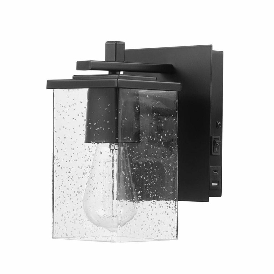 Vanity Lighting * | Barrett 1-Light Matte Black Plug-In Or Hardwire Wall Sconce With Usb And Usb-C Port, Seeded Glass Shade By Globe Electric