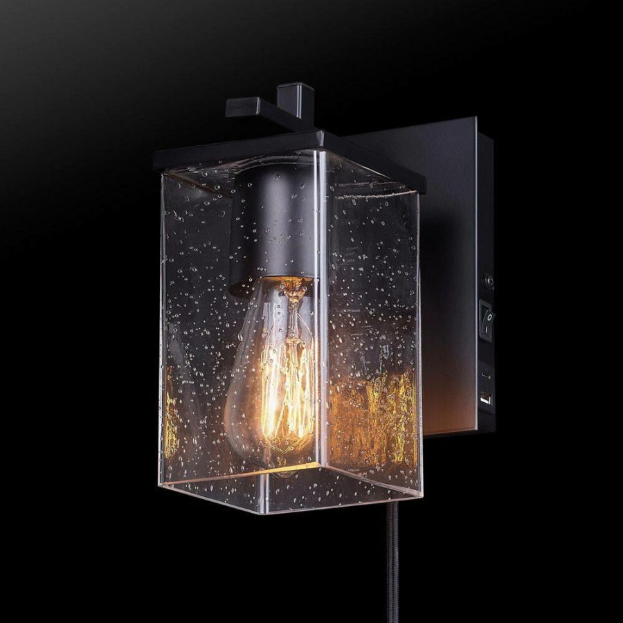 Vanity Lighting * | Barrett 1-Light Matte Black Plug-In Or Hardwire Wall Sconce With Usb And Usb-C Port, Seeded Glass Shade By Globe Electric