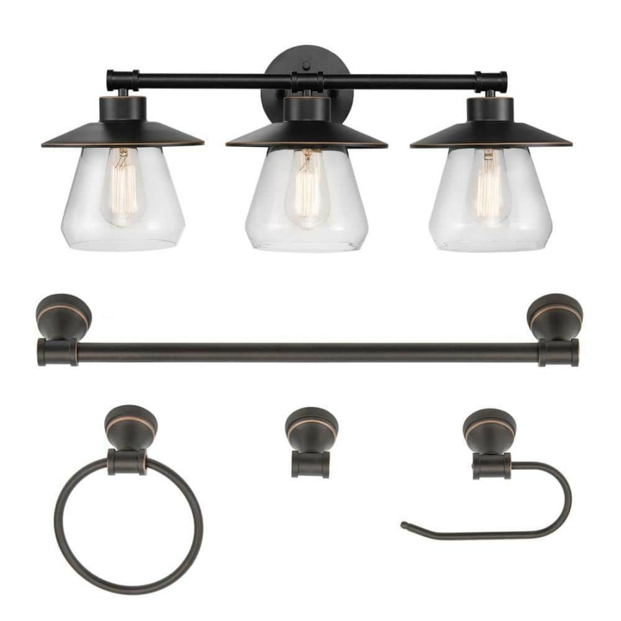 Vanity Lighting * | Nate 3-Light Oil Rubbed Bronze Vanity Light With Clear Glass Shades And Bath Set By Globe Electric