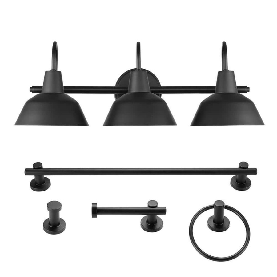 Vanity Lighting * | Brooklyn 24 In. 3-Light Matte Black Vanity Light With Bath Set (5-Piece) By Globe Electric