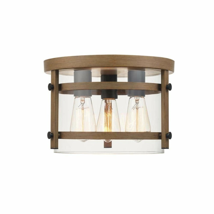 Flush Mount Lights * | Daniel 11.9 In. 3-Light Faux Wood Flush Mount With Matte Black Accents And Clear Glass Shade By Globe Electric