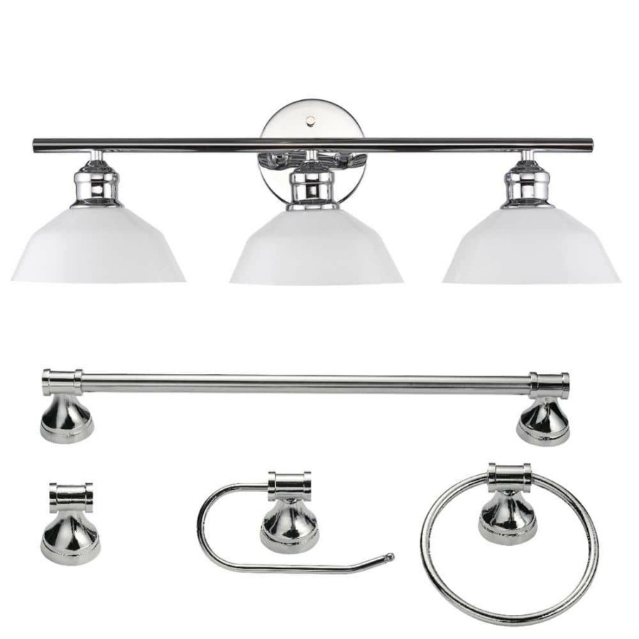 Vanity Lighting * | Johnson 24 In. 3-Light Chrome Vanity Light With Opal Glass Shades And Bath Set (5-Piece) By Globe Electric