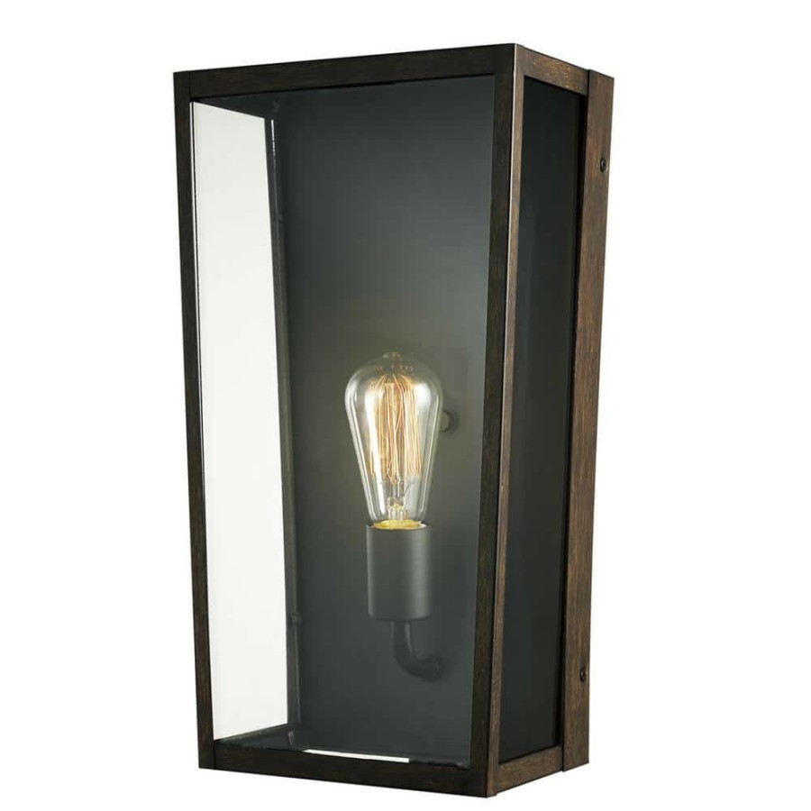 Outdoor Lighting * | Greer 1-Light Matte Black Outdoor Indoor Wall Lantern Sconce With Faux Wood Accents And Clear Glass Shade By Globe Electric