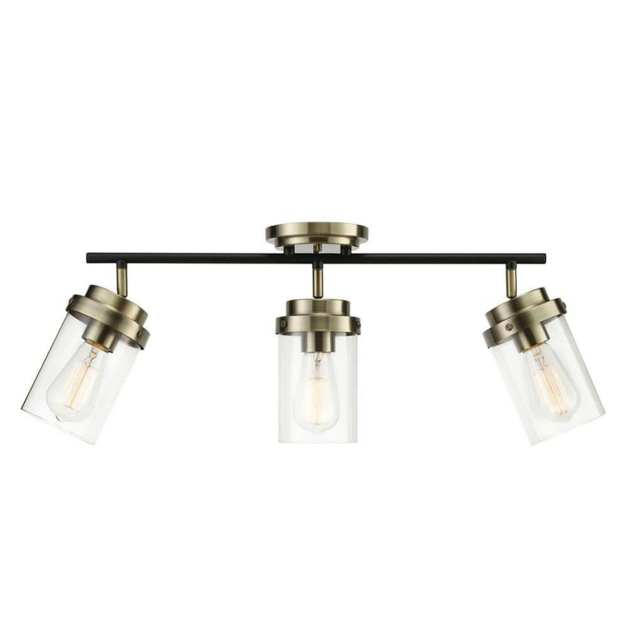 Track Lighting * | Adelaide 1.83 Ft. 3-Light Antique Brass Fixed Track Lighting Kit With Matte Black Accent And Clear Glass Shades By Globe Electric