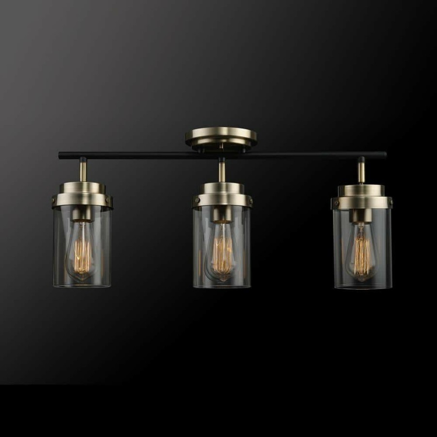 Track Lighting * | Adelaide 1.83 Ft. 3-Light Antique Brass Fixed Track Lighting Kit With Matte Black Accent And Clear Glass Shades By Globe Electric