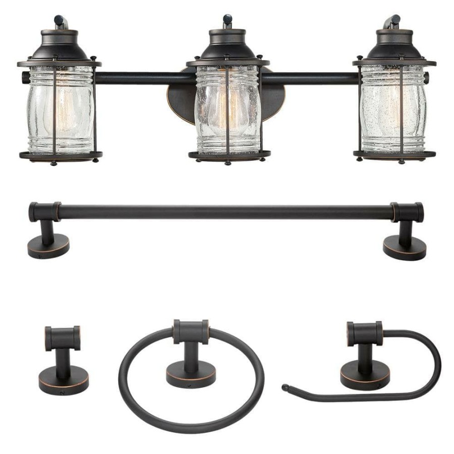 Vanity Lighting * | Bayfield 3-Light Oil Rubbed Bronze Vanity Light With Seeded Glass Shades And Bath Set By Globe Electric